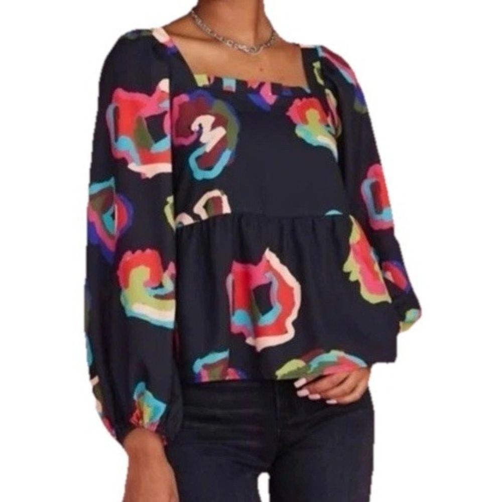 Crosby by Mollie Burch Blouse Shirt Womens Small Back Floral Graphic Square Neck